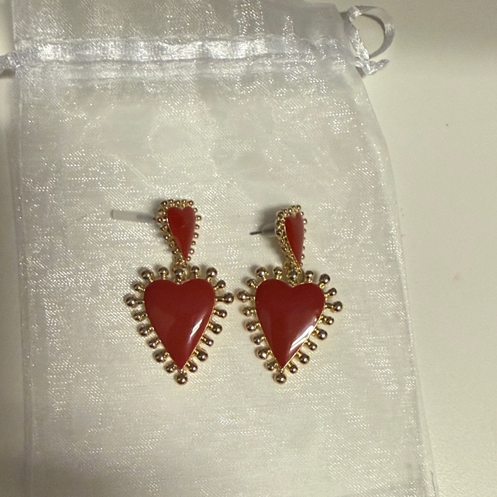 Red Heart Drop Earrings with Gold Trim